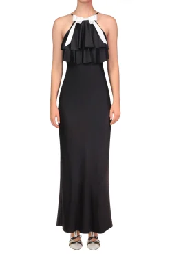 Rodarte Black Charmeuse Bias Tiered Ruffle Halter Dress With White Bow Detail Discount