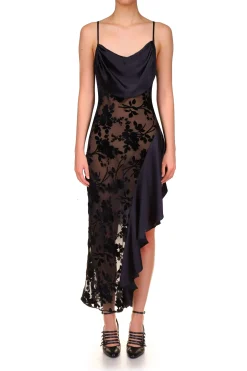 Rodarte Black Floral Burnout Velvet And Satin Asymetrical Cowl Neck Bias Dress Best Sale