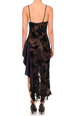 Rodarte Black Floral Burnout Velvet And Satin Asymetrical Cowl Neck Bias Dress Best Sale