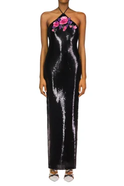 Rodarte Black Sequin Halter Gown With Hand Beaded Floral Detail Cheap