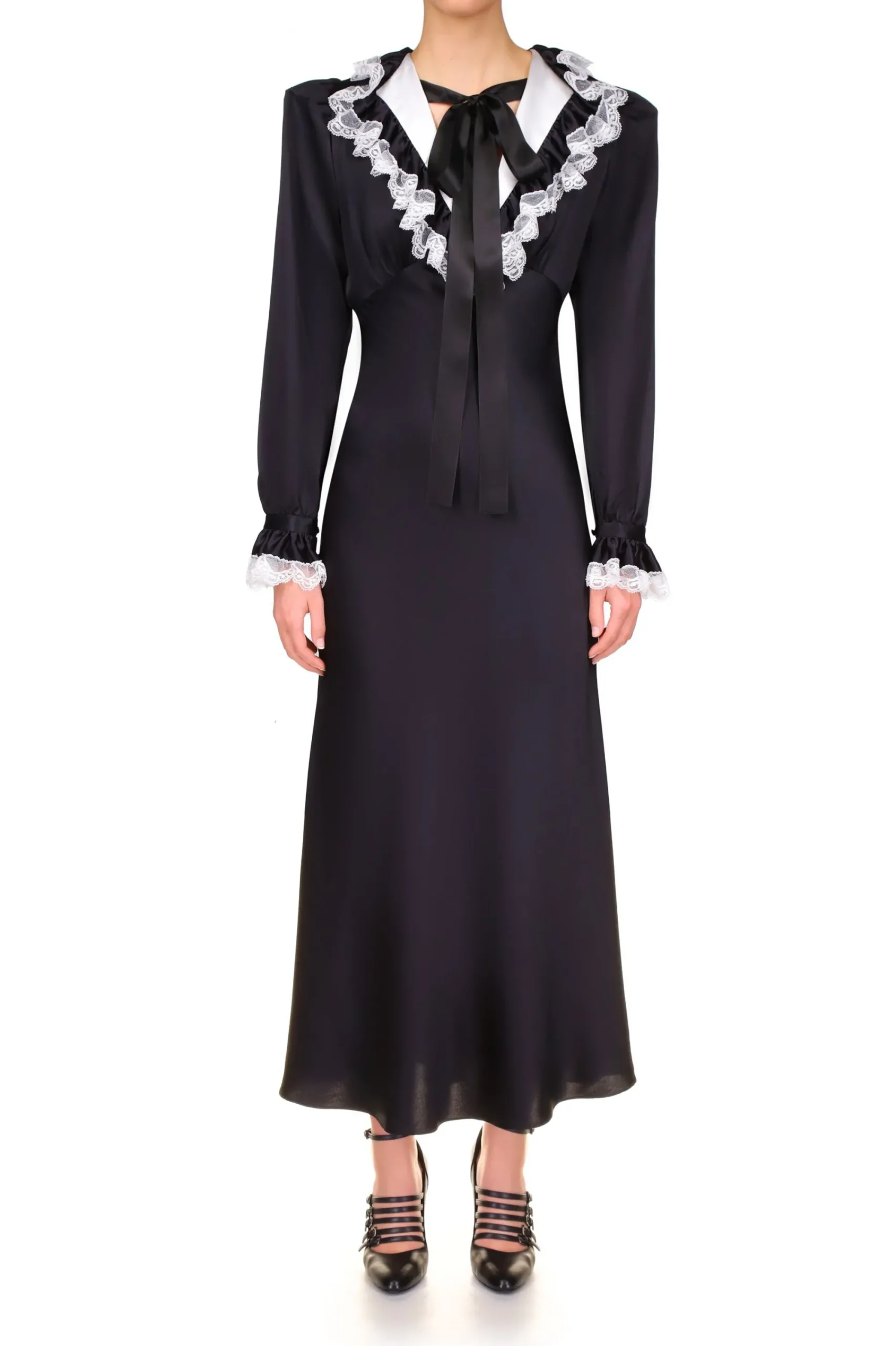 Rodarte Black Silk Long Sleeve Dress With Off White Collar And Lace Trim Online