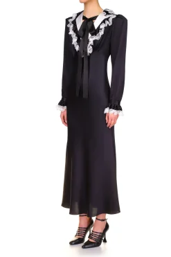 Rodarte Black Silk Long Sleeve Dress With Off White Collar And Lace Trim Online