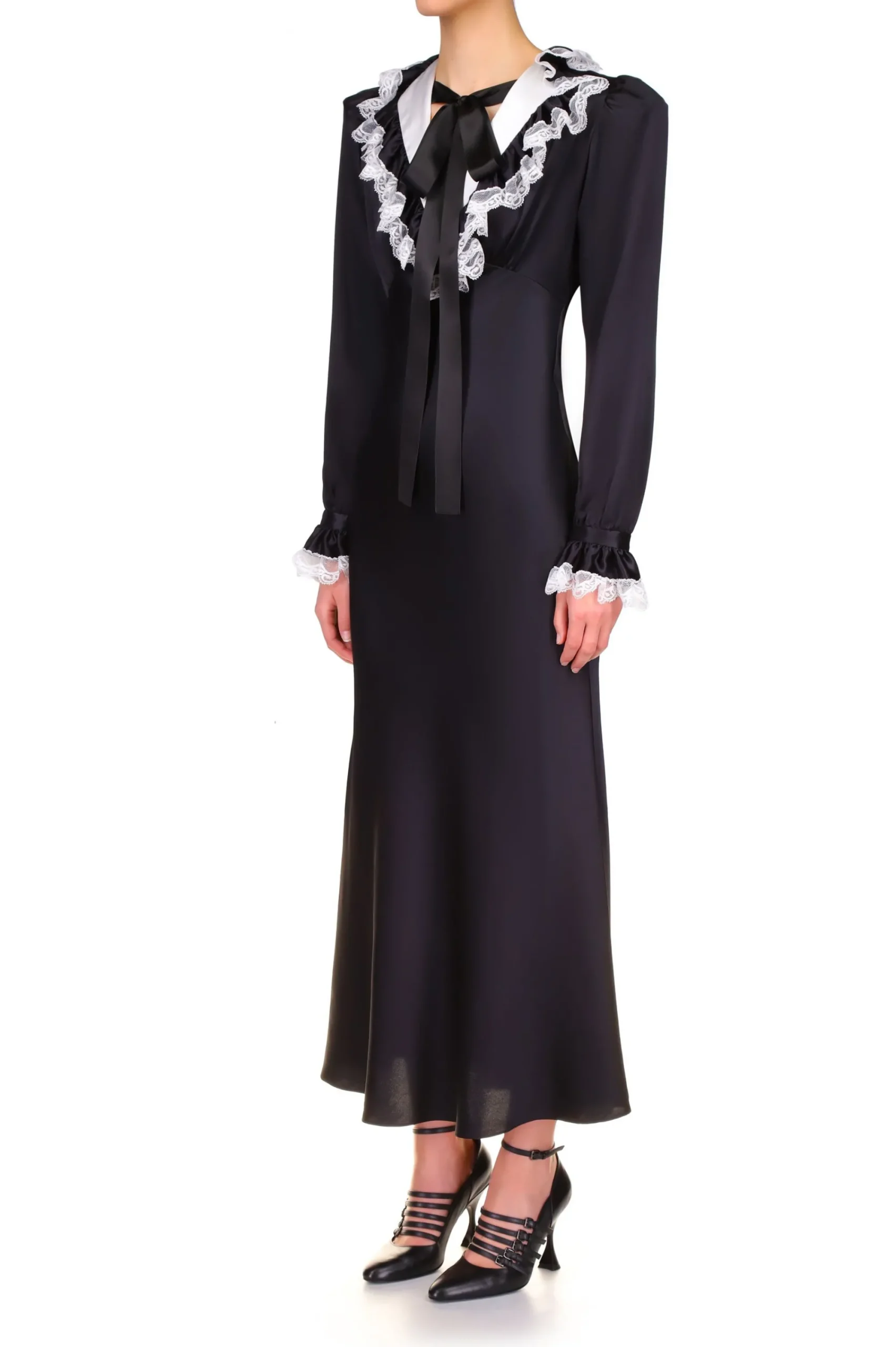 Rodarte Black Silk Long Sleeve Dress With Off White Collar And Lace Trim Online