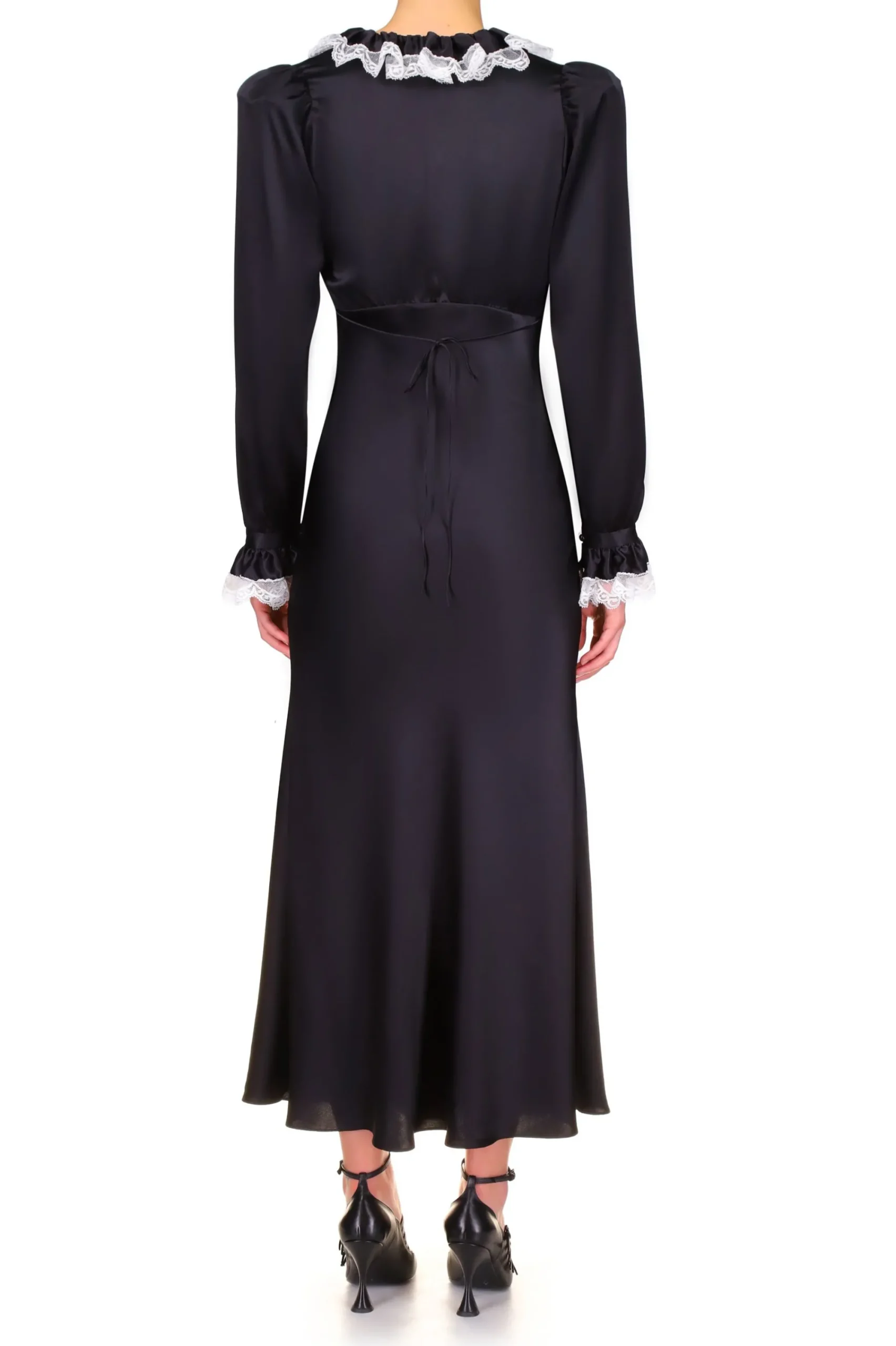 Rodarte Black Silk Long Sleeve Dress With Off White Collar And Lace Trim Online