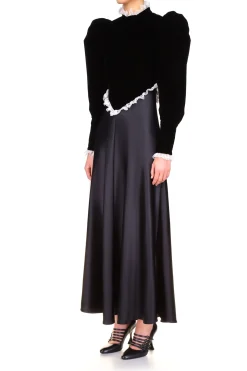 Rodarte Black Silk Satin & Velvet Long Sleeve Dress With Lace Detail Cheap