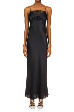 Rodarte Black Silk Satin Bias Dress With Ruched Bust And Black Lace Detail Best