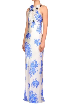 Rodarte Blue And White Floral Printed Silk Bias Gown With Lace Details Shop