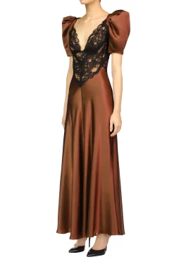 Rodarte Brown Silk Satin Short Sleeve Dress With Black Lace Details Best