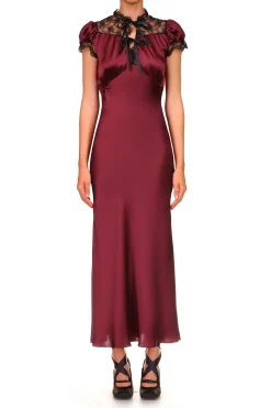 Rodarte Burgundy Silk Satin Bias Dress With Lace And Ruffle Details Online
