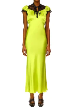 Rodarte Chartreuse Silk Satin Bias Dress With Lace And Ruffle Details Store