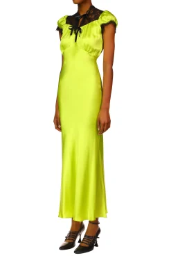 Rodarte Chartreuse Silk Satin Bias Dress With Lace And Ruffle Details Store