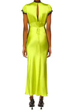 Rodarte Chartreuse Silk Satin Bias Dress With Lace And Ruffle Details Store