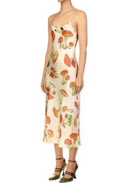 Rodarte Cream Mushroom Printed Silk Satin Slip Dress Flash Sale