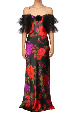 Rodarte Floral Printed Silk Bias Slip Gown With Ruffle Sleeves And Silk Flower Flash Sale