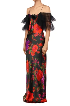 Rodarte Floral Printed Silk Bias Slip Gown With Ruffle Sleeves And Silk Flower Flash Sale