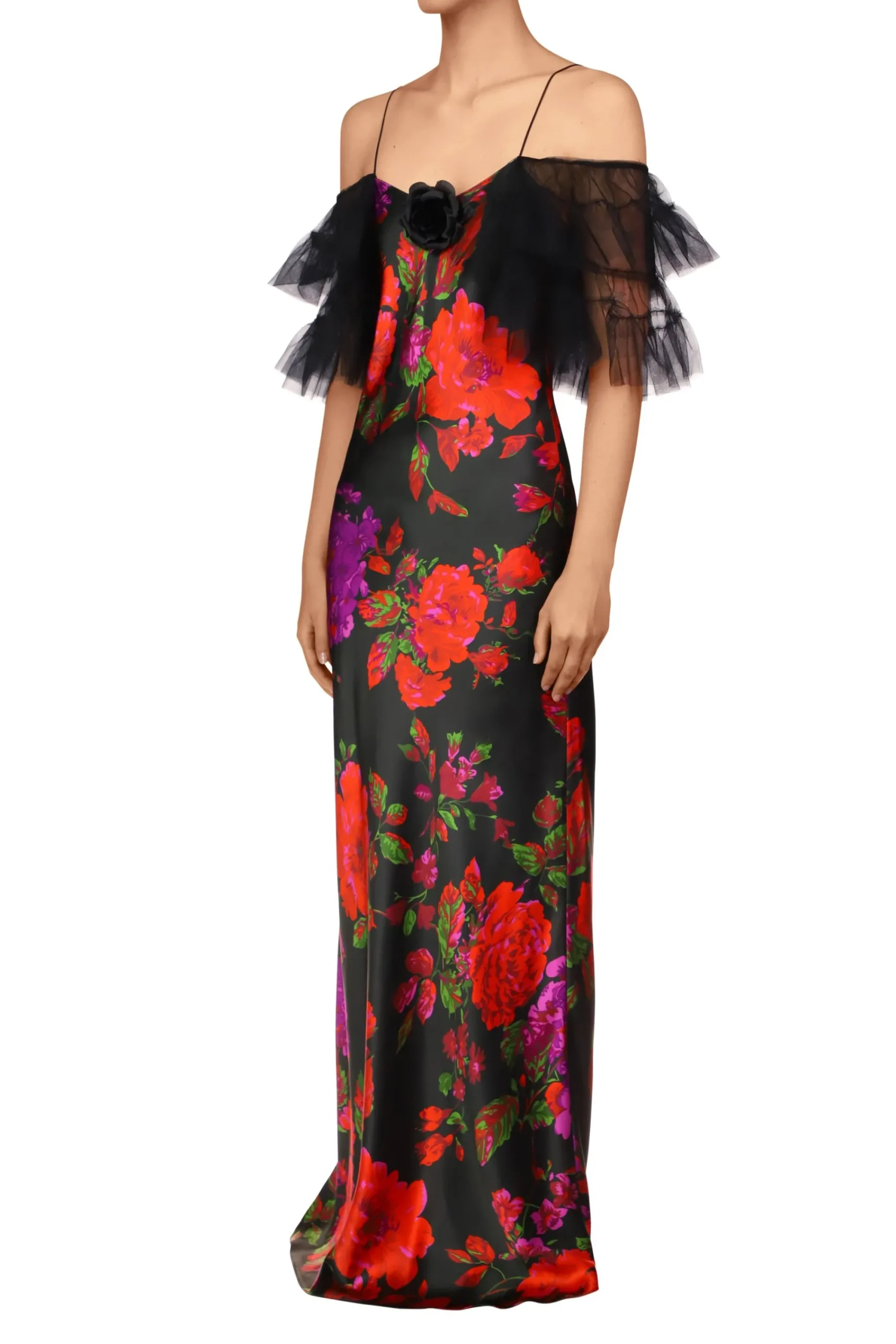 Rodarte Floral Printed Silk Bias Slip Gown With Ruffle Sleeves And Silk Flower Flash Sale