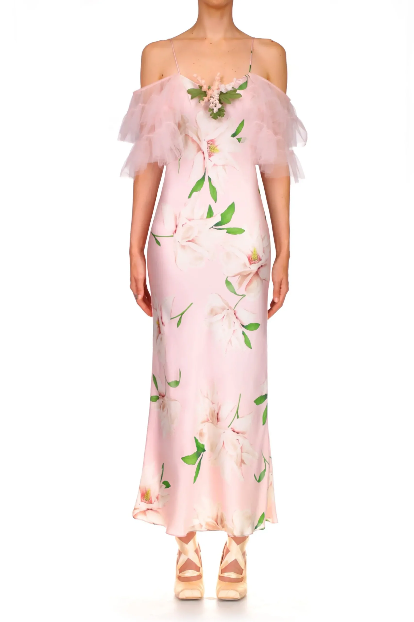 Rodarte Floral Printed Silk Bias Slip Dress With Ruffle Sleeves And Silk Flower Store