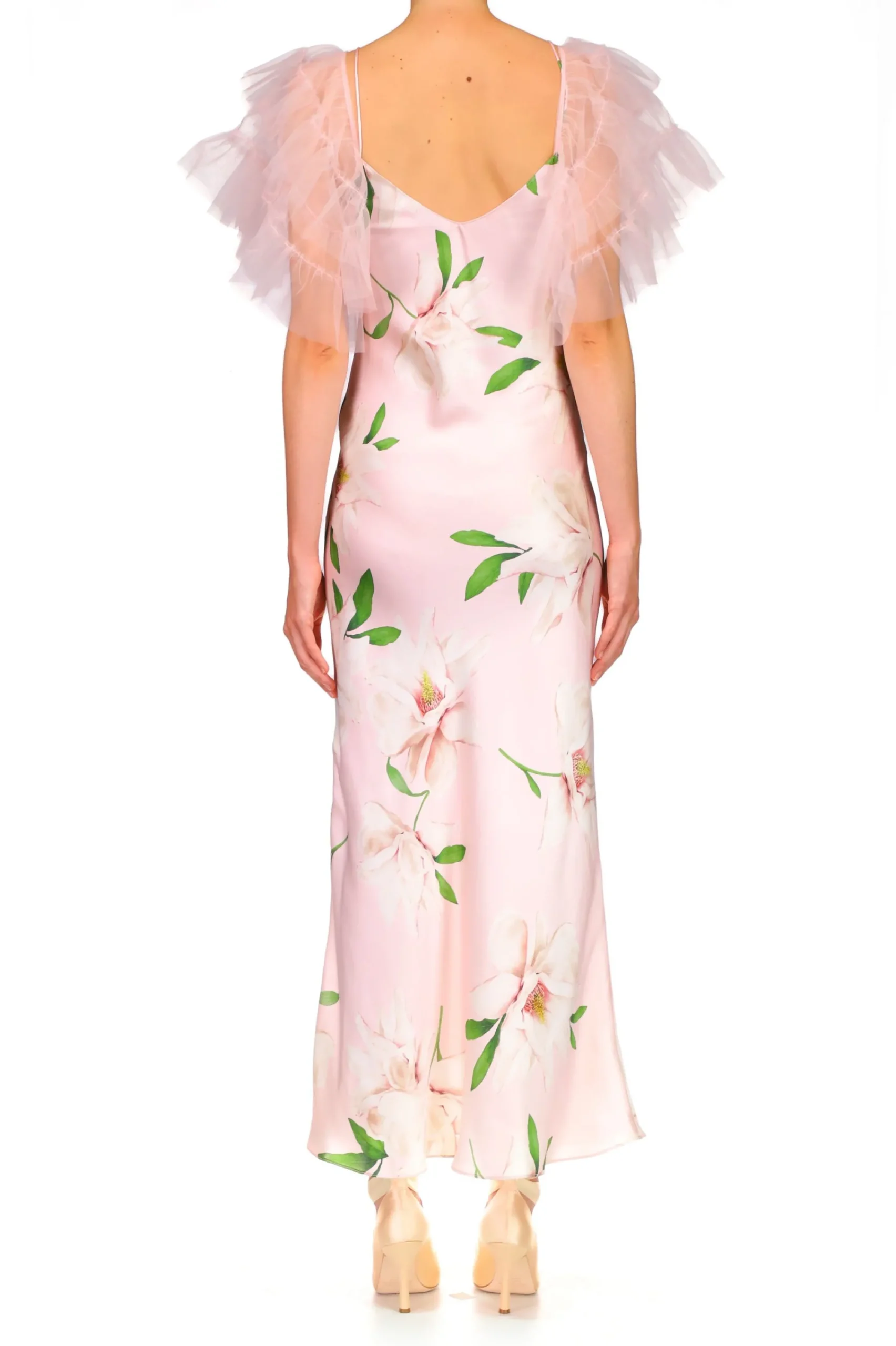 Rodarte Floral Printed Silk Bias Slip Dress With Ruffle Sleeves And Silk Flower Store