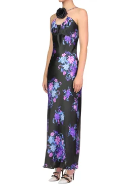 Rodarte Floral Printed Silk Satin Bias Halter Dress With Ruched Bust And Silk Flower Detail Online