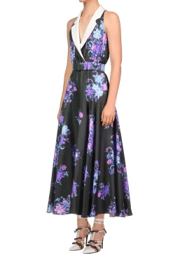 Rodarte Floral Printed Silk Twill Collared Halter Dress With Belt Detail Flash Sale