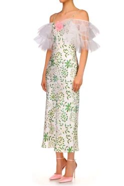 Rodarte Green And White Printed Silk Bias Slip Dress With Ruffle Sleeves And Silk Flower Fashion