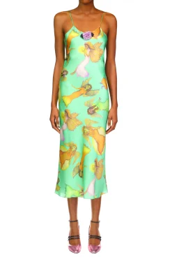 Rodarte Green Fairy Printed Silk Satin Bias Slip Dress Best