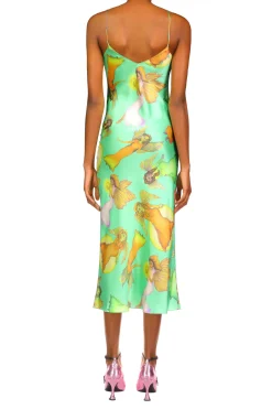 Rodarte Green Fairy Printed Silk Satin Bias Slip Dress Best