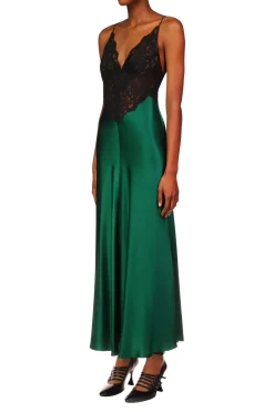 Rodarte Green Silk Charmeuse Bias Dress With Black Lace New