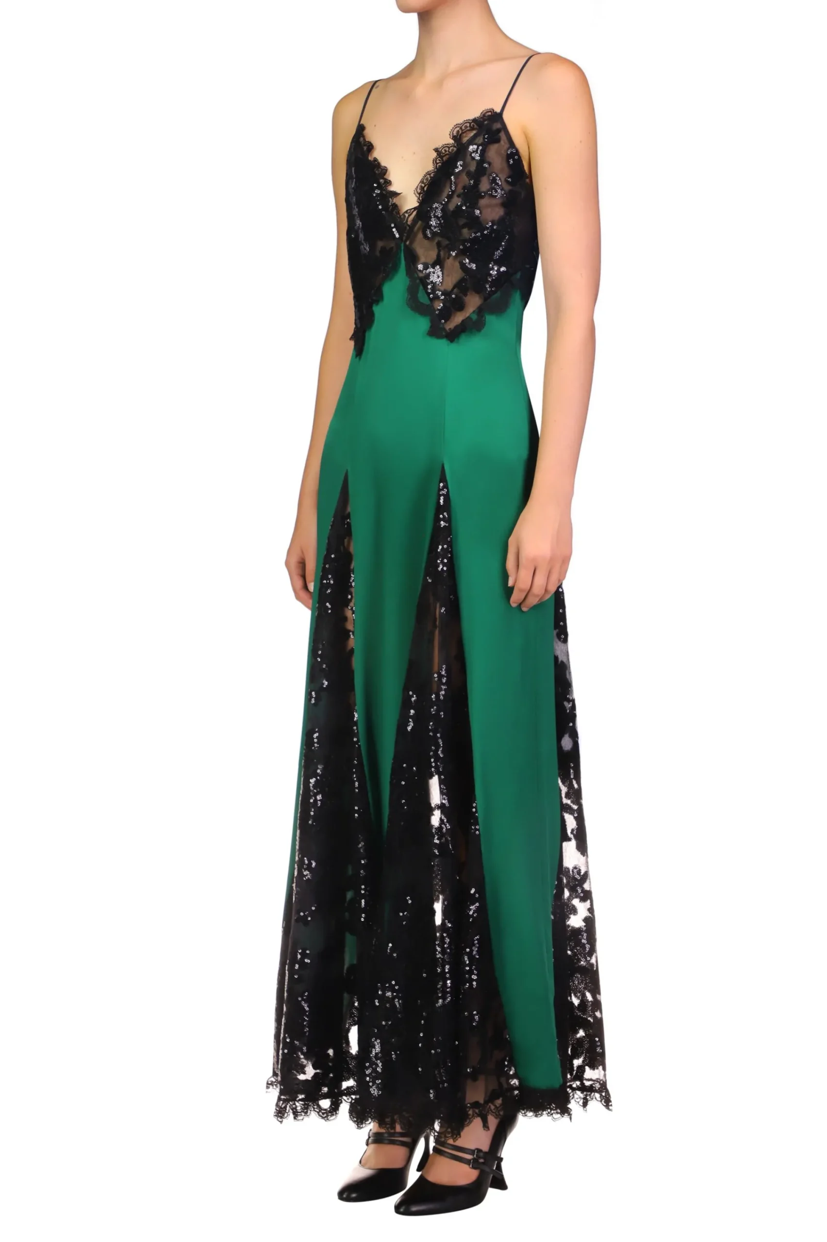 Rodarte Green Silk Satin And Black Sequin Dress With Godet And Lace Ruffle Best