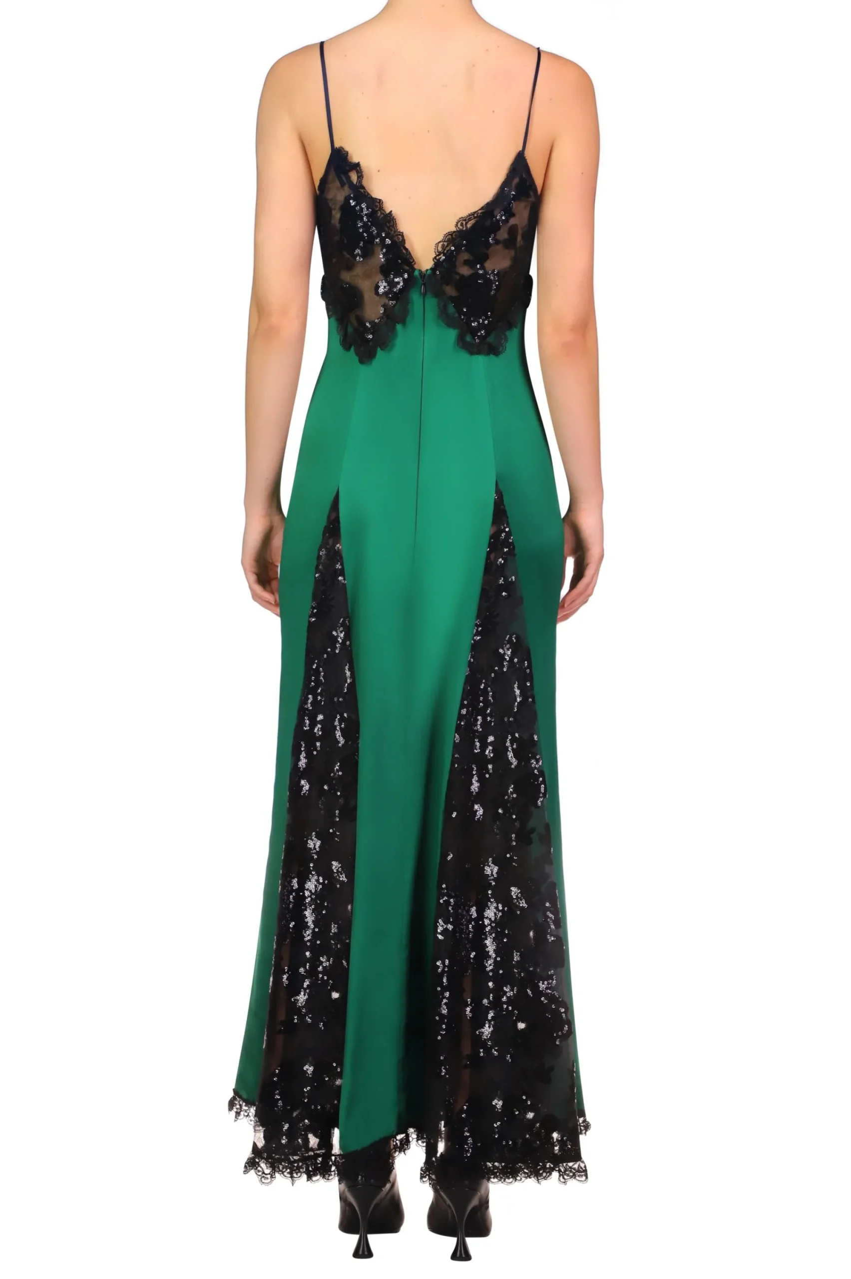 Rodarte Green Silk Satin And Black Sequin Dress With Godet And Lace Ruffle Best