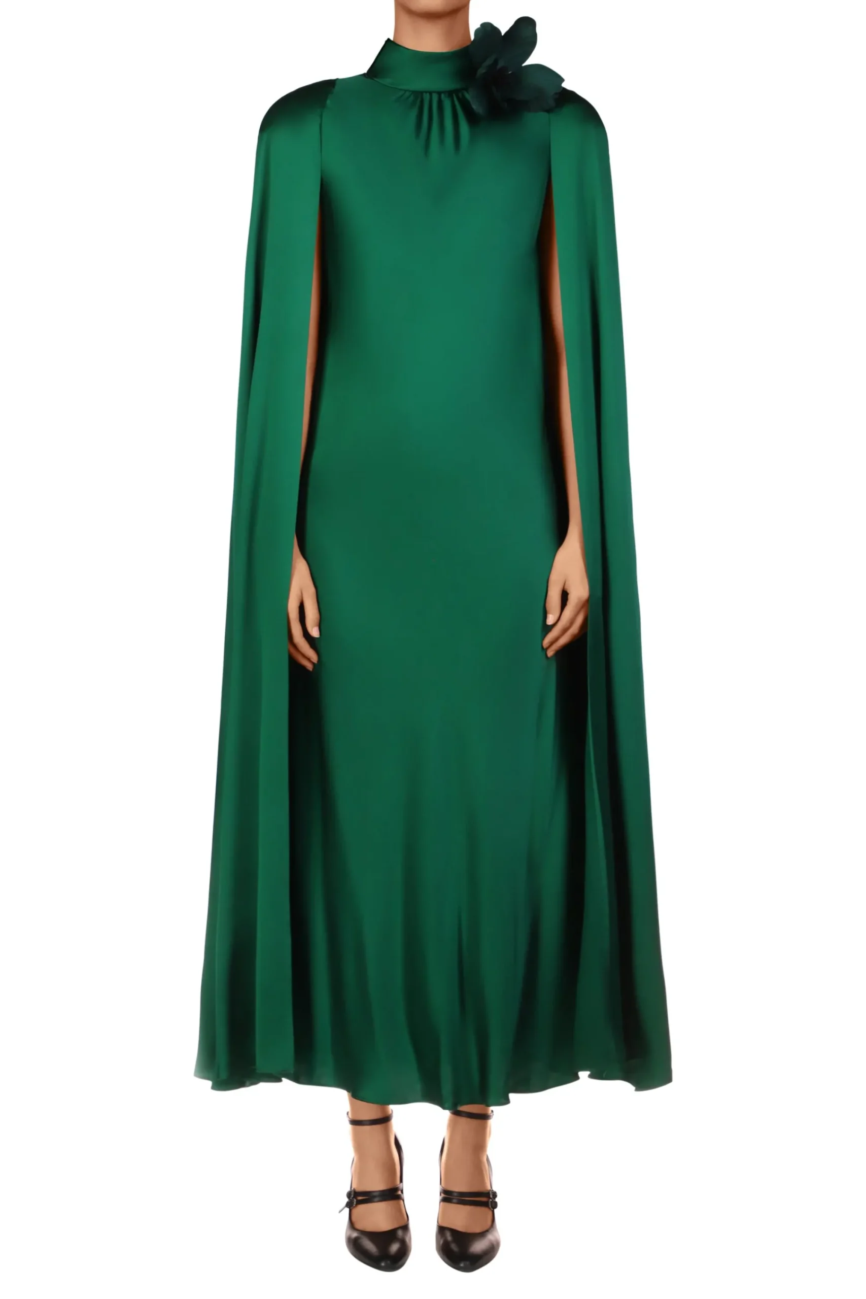 Rodarte Green Silk Satin Cape Dress With Flower Store