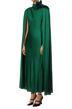 Rodarte Green Silk Satin Cape Dress With Flower Store