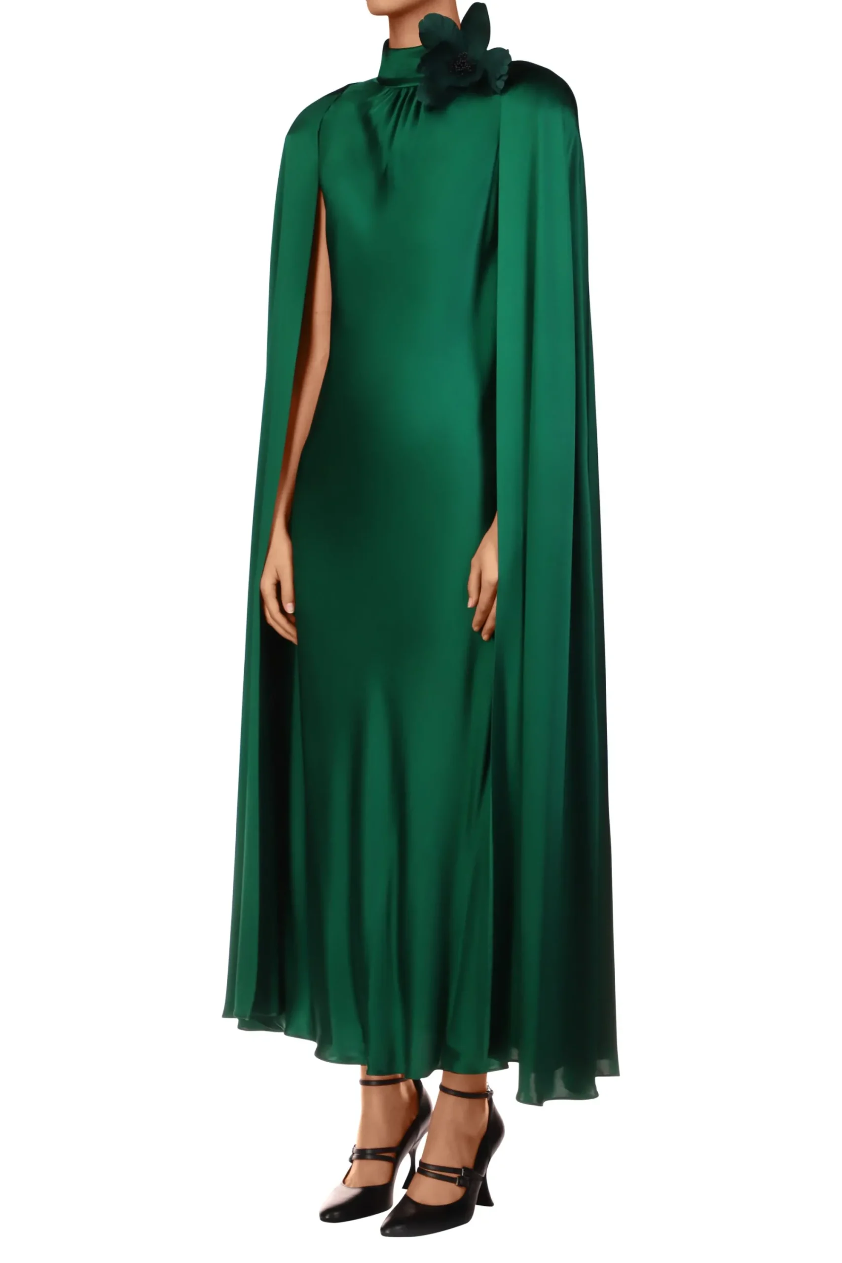 Rodarte Green Silk Satin Cape Dress With Flower Store