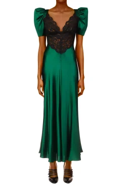 Rodarte Green Silk Short Sleeve Dress With Black Lace Details Best