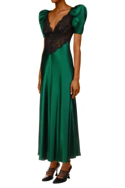 Rodarte Green Silk Short Sleeve Dress With Black Lace Details Best