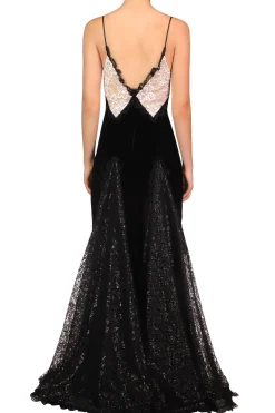 Rodarte Metallic Black And White Lace And Velvet Gown With Lace Godets New