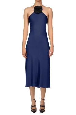 Rodarte Navy Silk Satin Halter Dress With Flower Cheap