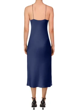 Rodarte Navy Silk Satin Halter Dress With Flower Cheap