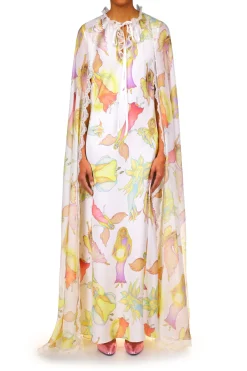 Rodarte Off White Fairy Printed Silk Chiffon And Charmeuse Cape Dress Sale