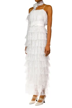 Rodarte Off White Floral Tulle Tiered Ruffle Dress Discount