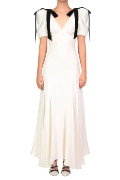 Rodarte Off White Silk Crepe Bias Dress With Velvet Ribbon Bow Details Outlet