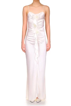 Rodarte Off White Silk Ruched Gown With Ruffle Detail And Silk Roses Best