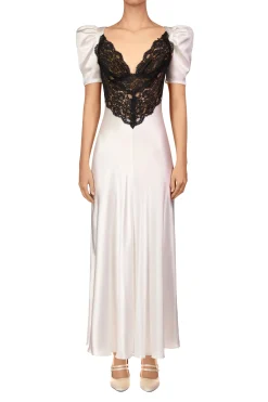 Rodarte Off White Silk Short Sleeve Dress With Black Lace Details Store