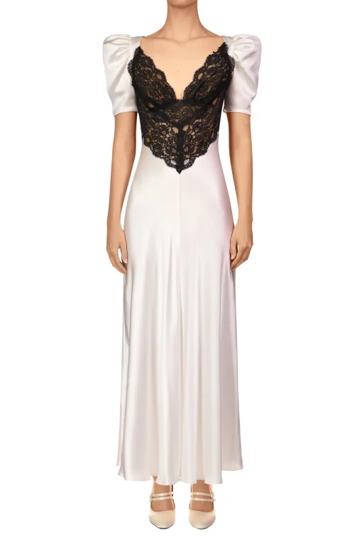 Rodarte Off White Silk Short Sleeve Dress With Black Lace Details Store