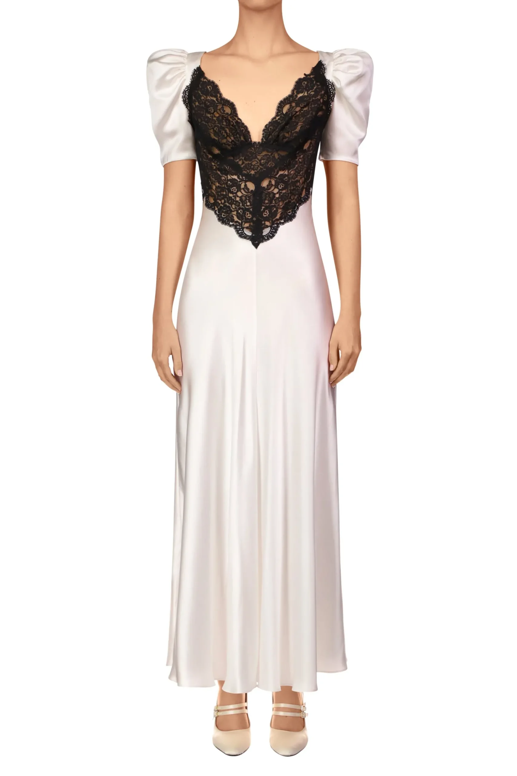 Rodarte Off White Silk Short Sleeve Dress With Black Lace Details Store