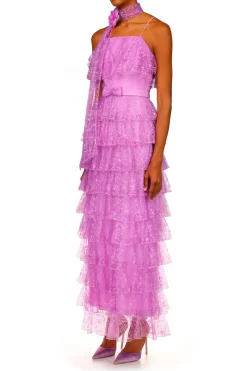Rodarte Orchid Purple Floral Tulle Tiered Ruffle Dress Cheap