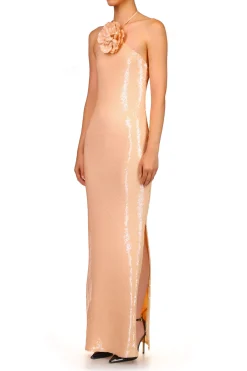 Rodarte Peach Sequin Halter Gown With Flower Detail Best