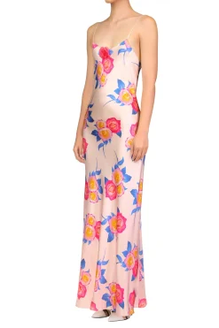 Rodarte Pink And Blue Rose Printed Silk Bias Long Slip Dress With Silk Flower Detail Best