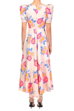 Rodarte Pink And Blue Rose Printed Short Sleeve Dress With Silk Flower Detail Best Sale