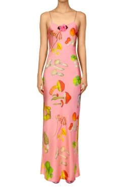 Rodarte Pink Mushroom Printed Silk Satin Tea Length Slip Dress Fashion